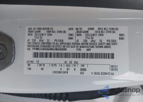 2022 Ford Escape Se z USA, uszkodzony, nr VIN 1FMCU9G64NUB42699